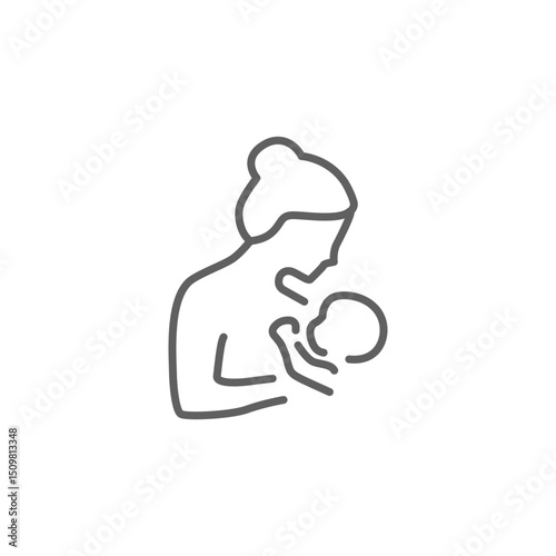 Breastfeeding, motherhood flat line icon. Simple outline style. A baby in a sling in a womans arms. Editable stroke
