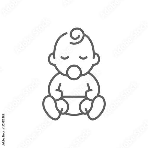 Baby sitting asleep line icon. Simple outline style. Cute toddler child. Baby with pacifier asleep in sitting position. Editable stroke