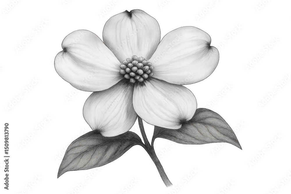 Obraz premium Realistic pencil drawing of a dogwood flower with detailed petals and leaves, isolated on a transparent background