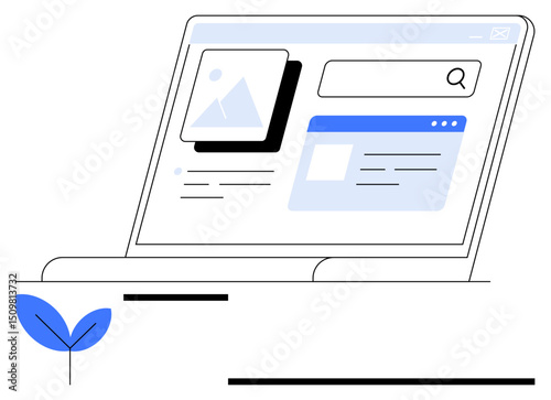 Laptop displaying a webpage with search bar, image thumbnail, and text layout. Blue leaf sprouting at base symbolizes growth. Ideal for technology, creativity, design, innovation, learning research