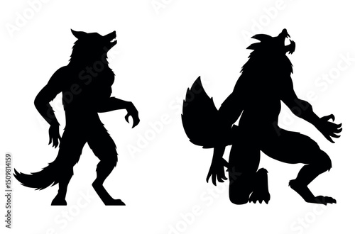 silhouette of a werewolf isolated on a white background. Concept of Halloween character, mythical creature, monster, horror, fantasy, nightmare.