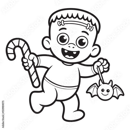 Frankenstein Boy with Candy Cane and Bat – Cute Halloween Coloring Page