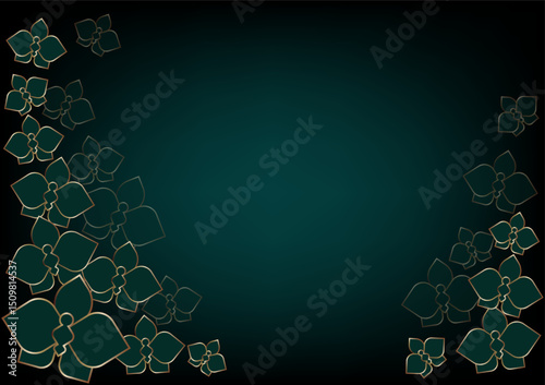 Golden art line of orchid on dark green background.