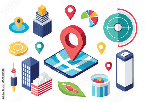 Isometric Location Tracking and Navigation Icons GPS, Map, City, Building, and More