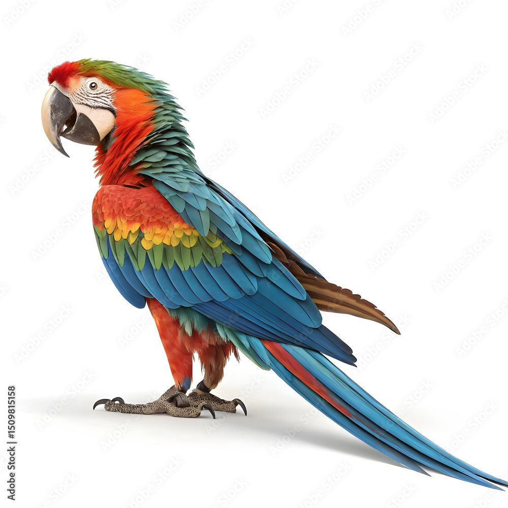 Obraz premium A 3D rendered full body macaw with exaggerated bright feathers.