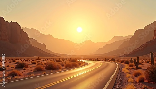 Desert Road Sunset Landscape with Rocky Mountains and Cacti in Warm Colors