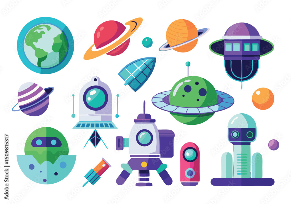 Naklejka premium Vibrant Space Exploration Icons Planets, Rockets, UFOs, and Alien for Design Projects
