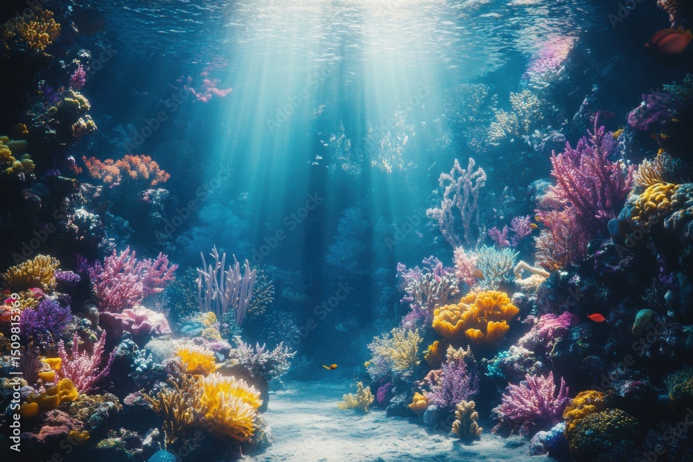 Naklejka premium Vibrant underwater coral reef illuminated by sunbeams in crystal clear water, Vibrant underwater coral reef scene with sunbeams illuminating diverse marine life
