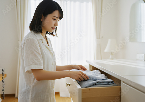 衣替えをする若い女性の日常シーン