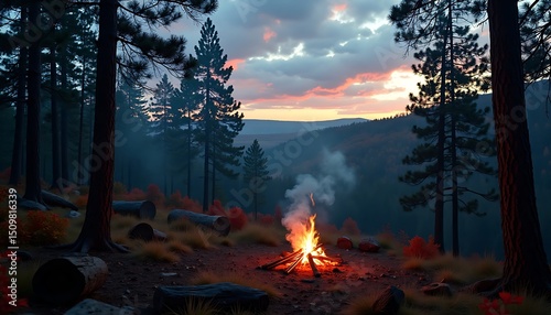 Campfire in Forest During Sunset with Pine Trees and Mountain View