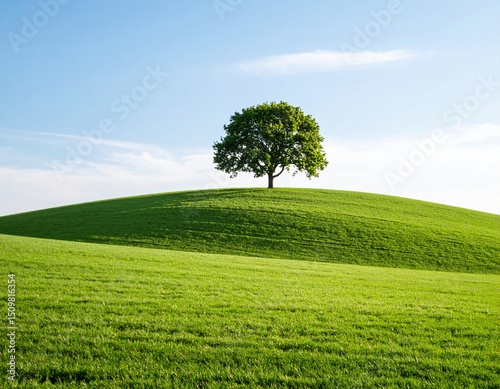 Lone tree on a hill in an open field with smooth ground