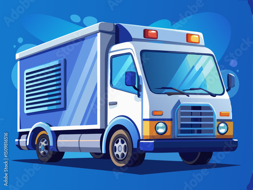 A professional vector of a cold storage delivery truck, clean design with cooling vents, on a solid blue background