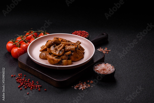 Food, baked mushrooms champignon slices with sauce and spices