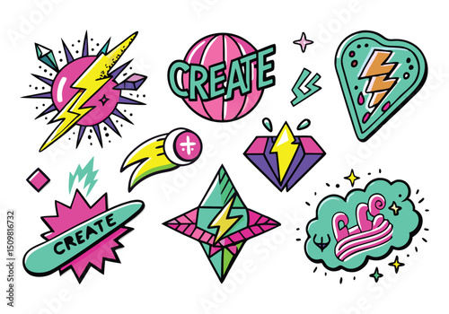 Vibrant 90s Retro Style Patches and Stickers  Design Elements for Creative Projects