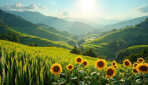 Sunflower Field in Green Hills Under Bright Sunlight