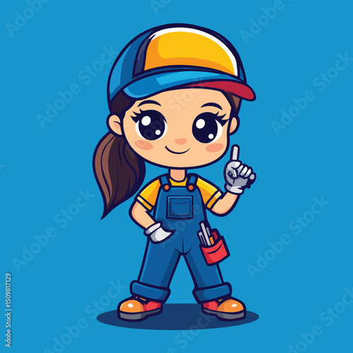 Cheerful Cartoon Mechanic Pointing Upwards with Tools in Pocket Smiling