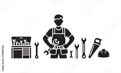 Silhouette of Mechanic or Construction Worker with Tools