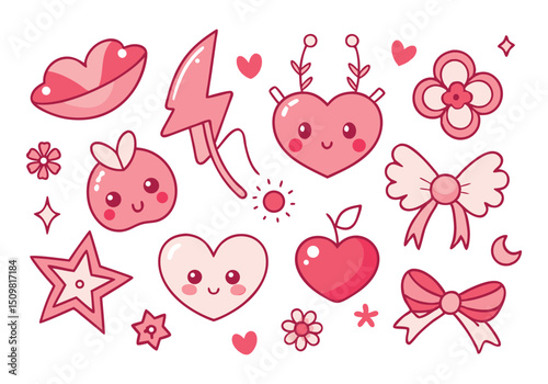 Cute Kawaii Pink Heart and Apple Illustrations Perfect for Valentine's Day Designs