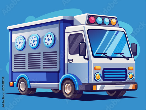A professional vector of a cold storage delivery truck, clean design with cooling vents, on a solid blue background
