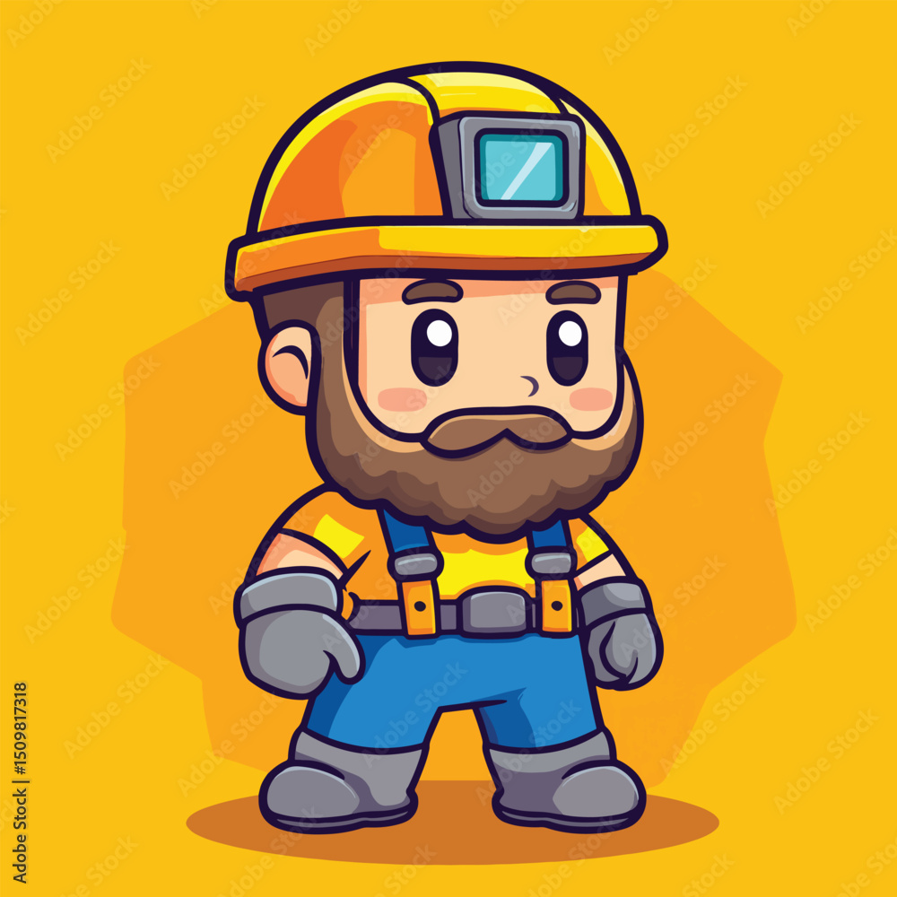Fototapeta premium Cheerful Cartoon Miner with Yellow Helmet and Beard