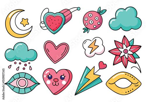 Cute Kawaii Doodle Stickers Hearts, Clouds, Stars, and More