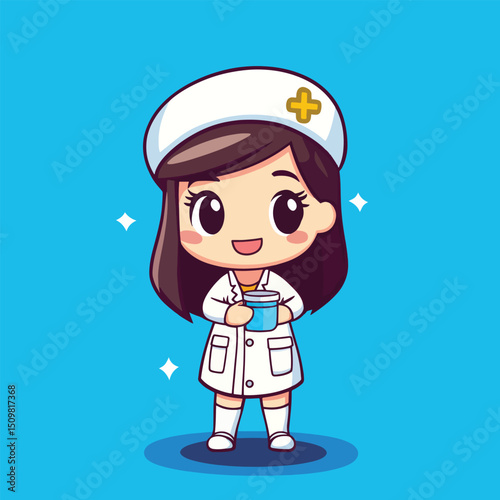 Cheerful Cartoon Nurse Holding Medicine Smiling with a Kind Expression