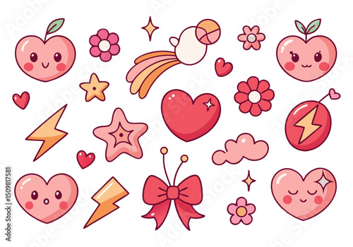 Kawaii Cute Pink Heart and Apple Stickers Adorable Cartoon Elements for Design