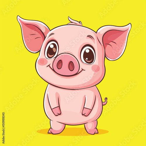 Cheerful Cartoon Piglet with Large Eyes and Pink Skin