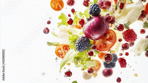 Fototapeta Naklejka Na Ścianę i Meble -  Colorful fruits and vegetables in mid-air, bursting with freshness