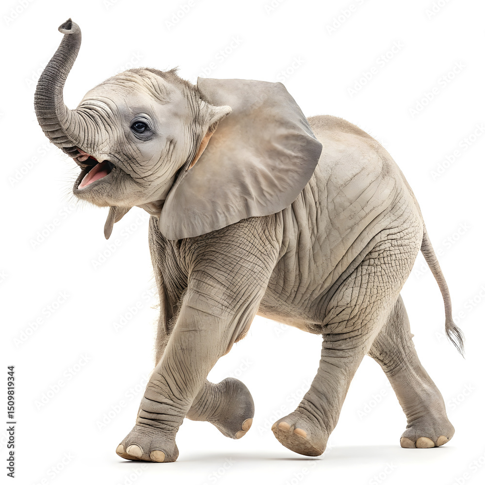 Fototapeta premium A baby elephant walking playfully with a clean body and joyful expression.