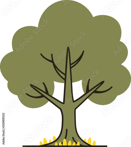 A simple, clean, stylized illustration of a tree with a thick, irregular trunk and a round, bushy canopy of branches and leaves, rendered in a limited color palette of olive green and dark brown tones