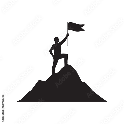 Silhouette of Man Reaching Mountain Summit with Flag – Victory Concept