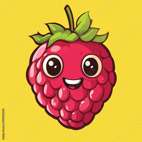 Cheerful Cartoon Raspberry with Big Eyes and Happy Smile