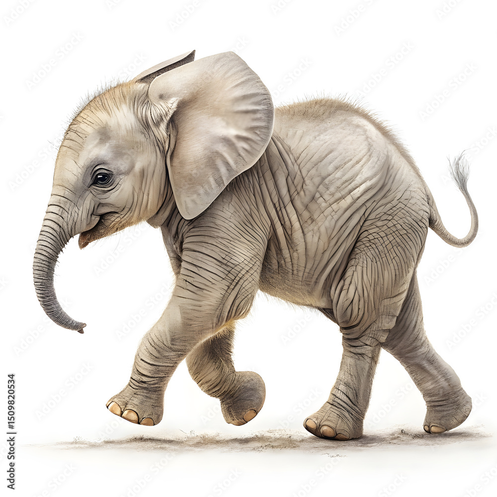 Fototapeta premium A baby elephant walking playfully with a clean body and joyful expression.