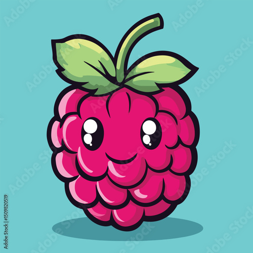 Cheerful Cartoon Raspberry with Green Leaves