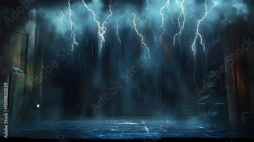 Fototapeta Naklejka Na Ścianę i Meble -  A stage during a thunderstorm scene with artificial rain and lightning effects