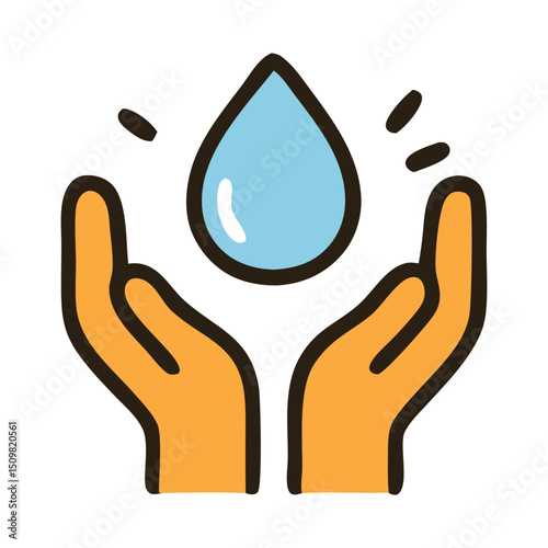 Cute flat design icon of hands holding a water drop, symbolizing water saving and marine conservation. Perfect for environmental and ecological awareness projects.