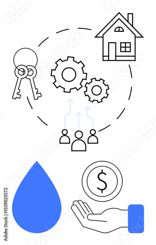 Keys, gears, house, water drop, dollar coin, and hand symbolize teamwork, real estate, innovation sustainability resources and financial decisions. Ideal for housing finance utilities teamwork