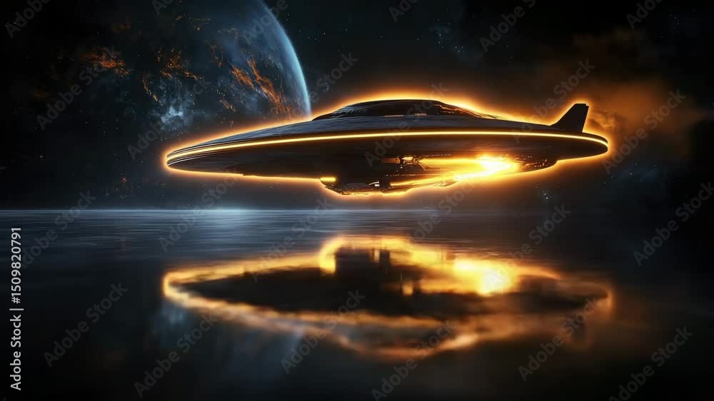 A futuristic spaceship with glowing lights hovers over a reflective water surface in deep space with a planet in the background.