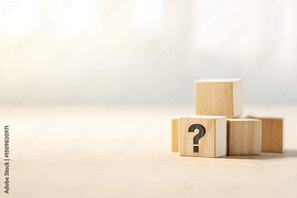 Obraz premium Contemplative wooden cubes arranged, bearing a prominent question mark, inviting inquiry