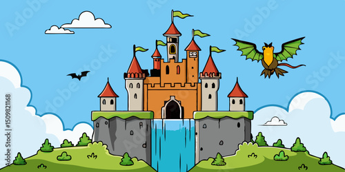 vector illustration of a majestic castle on a cliff with waterfalls and flying dragons in the sky