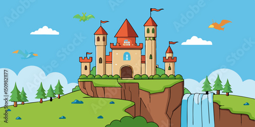 vector illustration of a majestic castle on a cliff with waterfalls and flying dragons in the sky