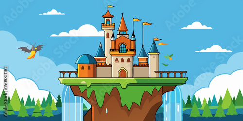 vector illustration of a majestic castle on a cliff with waterfalls and flying dragons in the sky