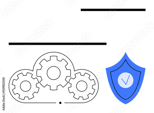 Cloud with three gears representing process optimization, alongside a shield with a checkmark for cybersecurity. Ideal for technology, cloud computing, data security, industry, innovation, automation