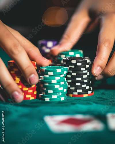 Macro shot of a hand pushing a stack of black poker chips on a green felt table. Captures the tension and thrill of high-stakes gambling