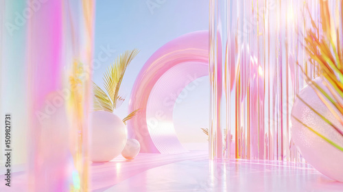 Futuristic 3D Holographic Pink Blue Transparent Arches and Glass Spheres with Tropical Palm Reflection in Dreamy Minimalist Digital Art Landscape
