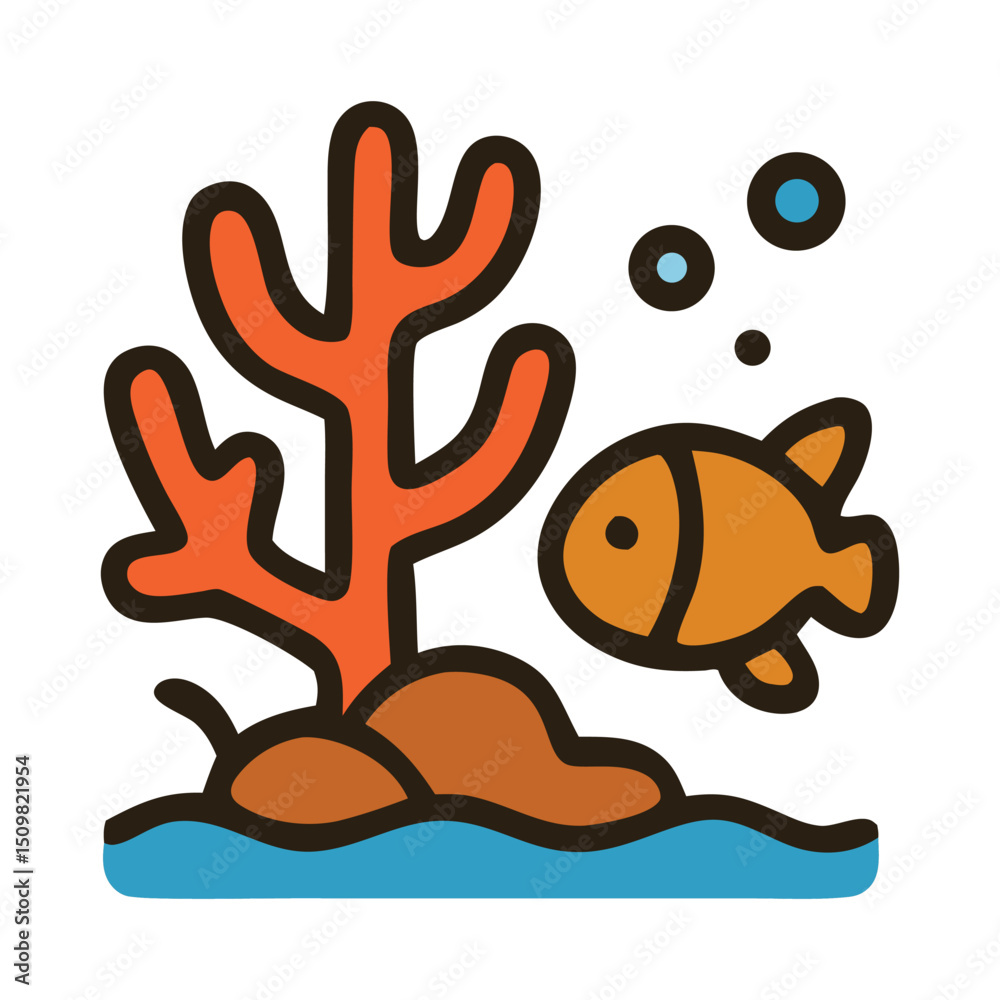 Obraz premium Cute flat design icon of a coral reef with a fish, representing a thriving marine ecosystem. Perfect for ocean life, underwater, and conservation themes.