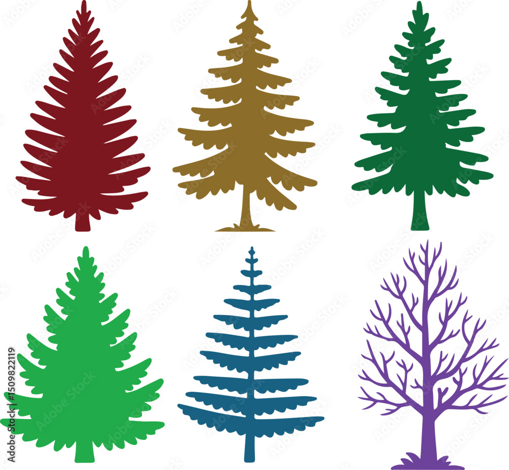 Obraz premium Pine and Fir- in Different Color Christmas Tree Silhouettes Collection.