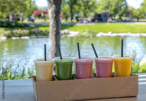 Photo of hand holding a tray with cold drinks in clear plastic cups, enjoying the outdoors