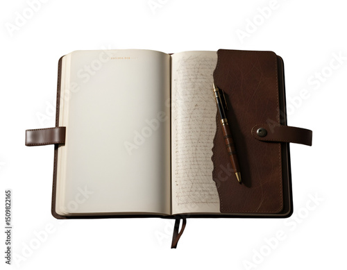 Open Journal with Pen Resting on Leather Cover, Ready for Writing